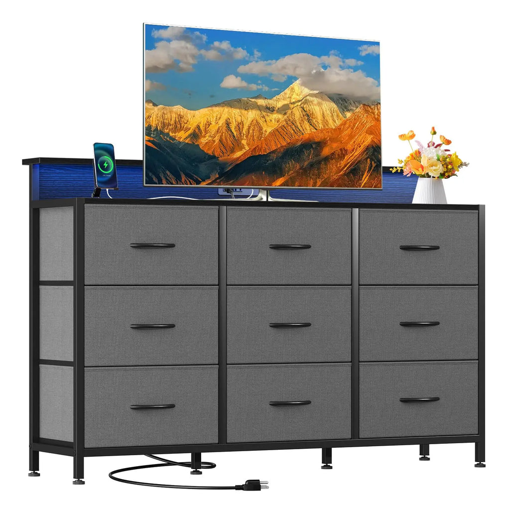 TV Stand Dresser with 9 Fabric Drawers Wood Top Media Console for 32-52 inch TV Stand with Storage