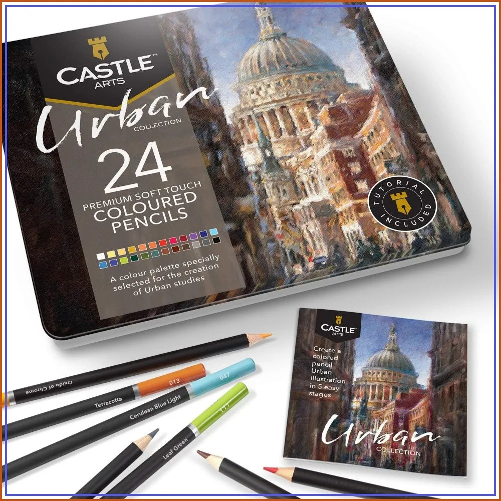24 Premium Colored Pencils in Tin Box, Smooth Pigmented Cores for Cityscape Art