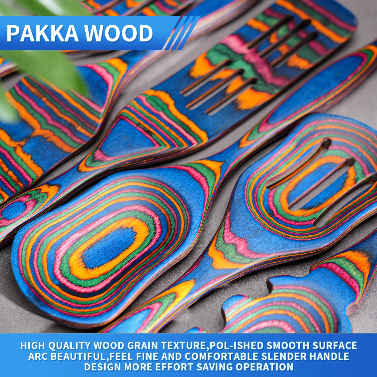 7Pcs Blue Pakkawood Wooden Cooking Utensils,
