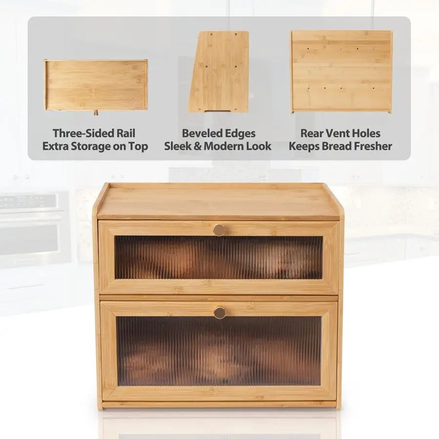 Bamboo Bread Box 2 Tiered Large Capacity