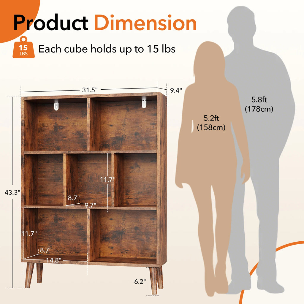 3 Tier Bookshelf Wooden 7 Cube Storage Organizer Display Bookcase Open Standing Shelf with Legs Graduated Shelves for Home