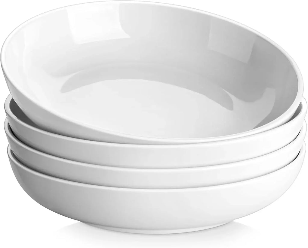 10 Large Pasta Bowls Set of 4, 56 OZ Wide and Shallow , Porcelain White , Microwave & Dishwasher Safe,