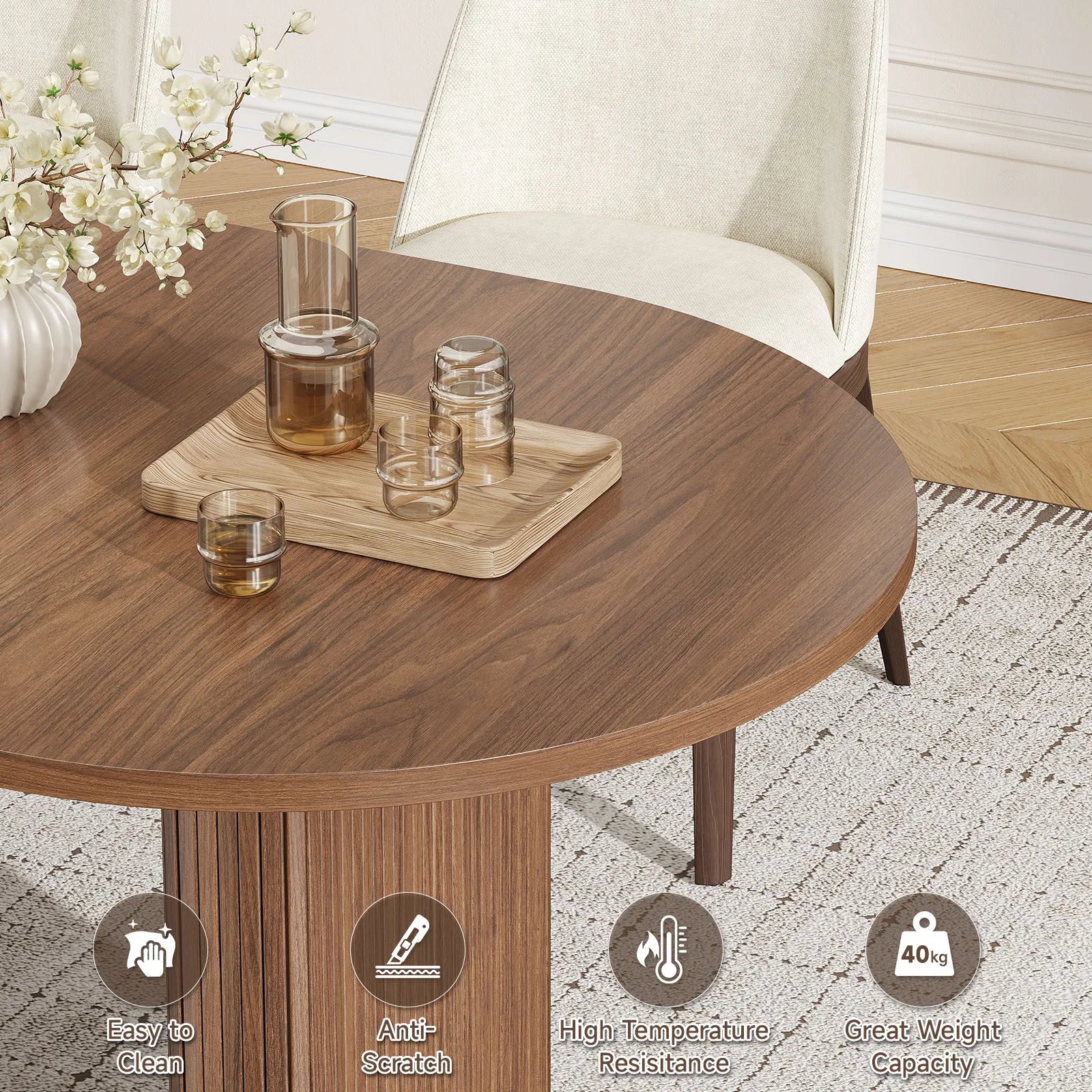 Walnut 70 Inch Oval Dining Table for 6-8 People,  with 2-Tier Storage Space, Wood Center LED Light, Dinner Table with Heavy Duty Legs