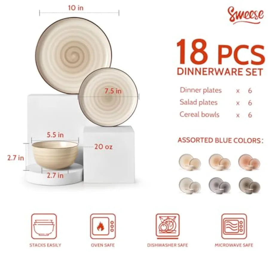 Plates and Bowls Sets, 18 Pcs Dinnerware Set Porcelain Round 6 each, Scratch Resistant Dishes Set, Dishwasher and Oven