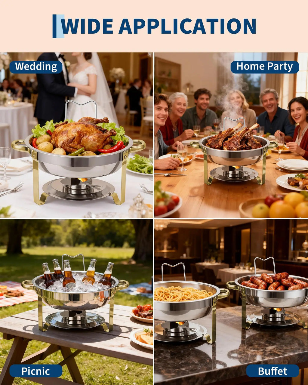 4 Pack Chafing Dishes Set for Buffet, 5 QT Stainless Steel Food Warmers with Glass Lid