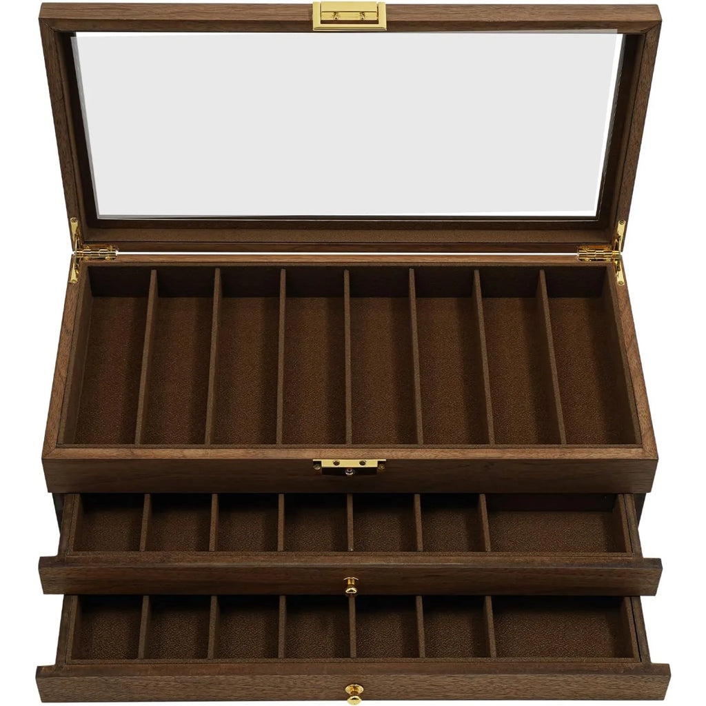 3-Layer Pocket Knife Display Case, 22 Slot Lockable Knife Storage Box with Clear Glass Lid, Wooden Collector  Knives - Walnut Color