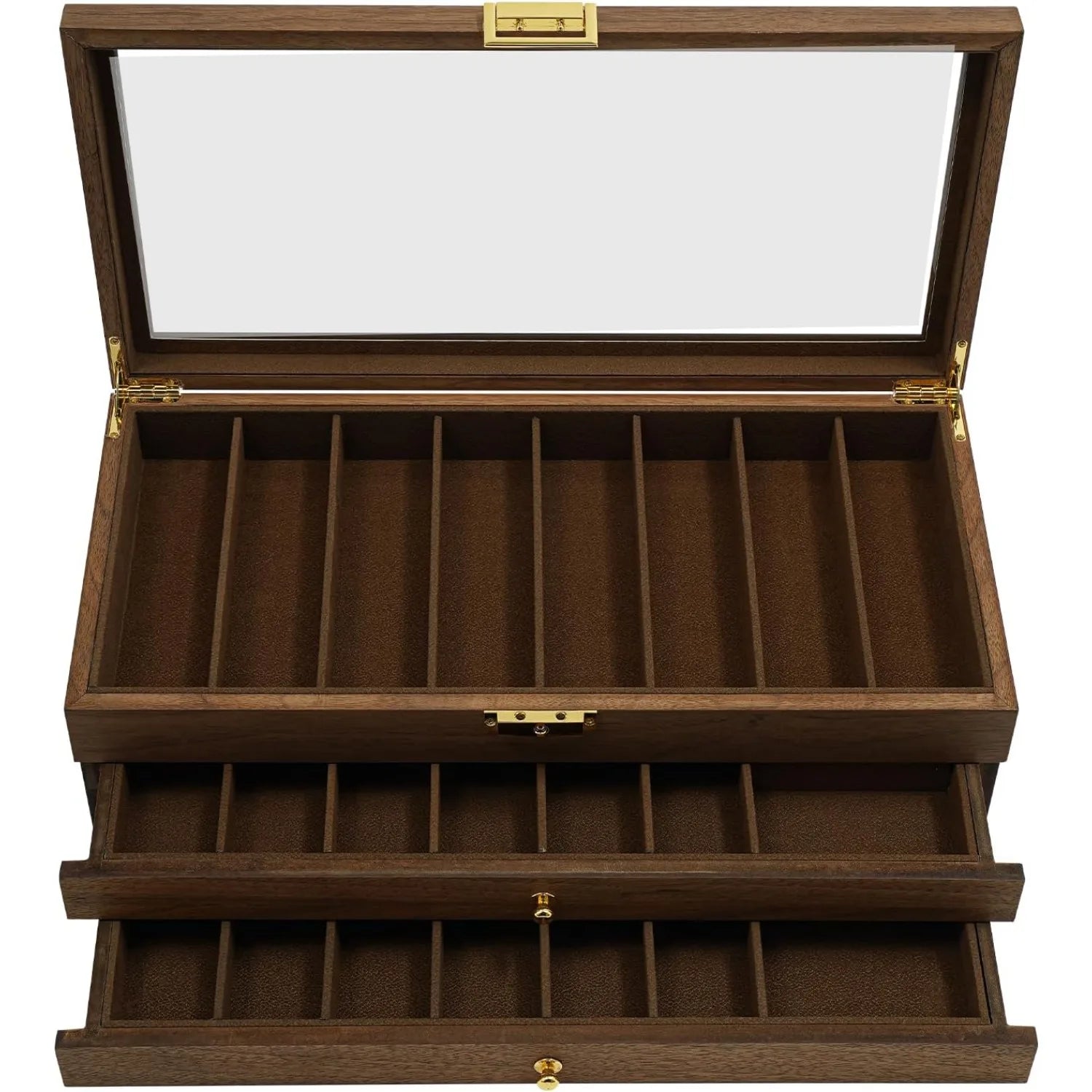 3-Layer Pocket Knife Display Case, 22 Slot Lockable Knife Storage Box with Clear Glass Lid, Wooden Collector  Knives - Walnut Color