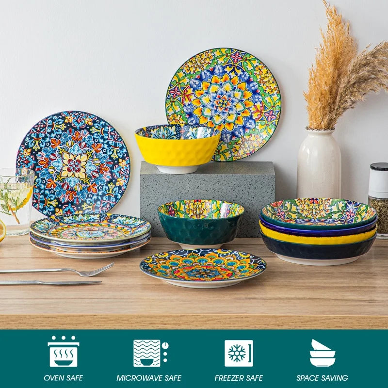 Bohemia Retro Ceramic Dinnerware Set  Non-Toxic  12/16/24 Pieces Plates Bowls