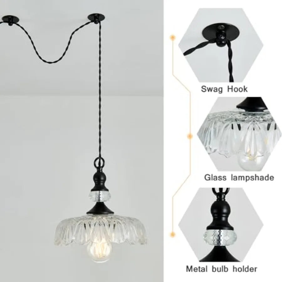 Plug in Glass Pendant Light Fixture Black Vintage Adjustable Chandelier Hanging Ceiling Light