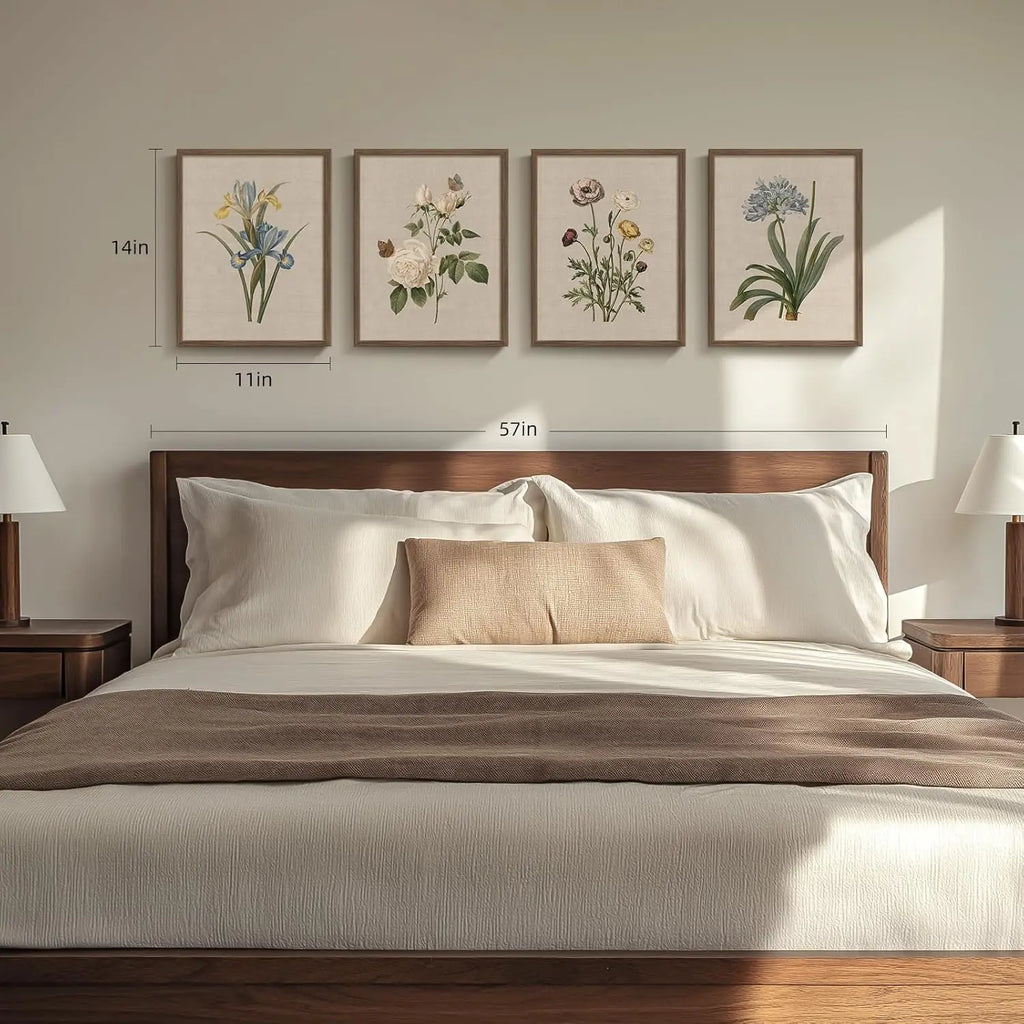 Framed Botanical Floral Wall Art 4 Piece Vintage Canvas Painting  11x14