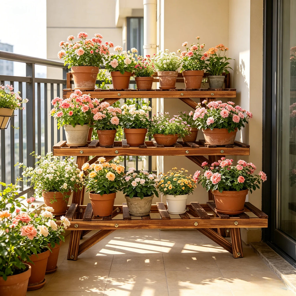 3 Tier Ladder Shelf Wood Plant Stand for Garden Balcony