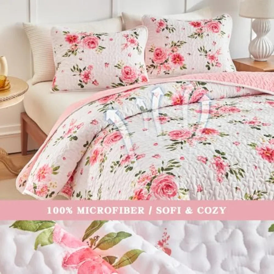 Floral Quilt Set 3 Pieces Queen Size White Pink Flower Soft Microfiber Lightweight Summer Reversible