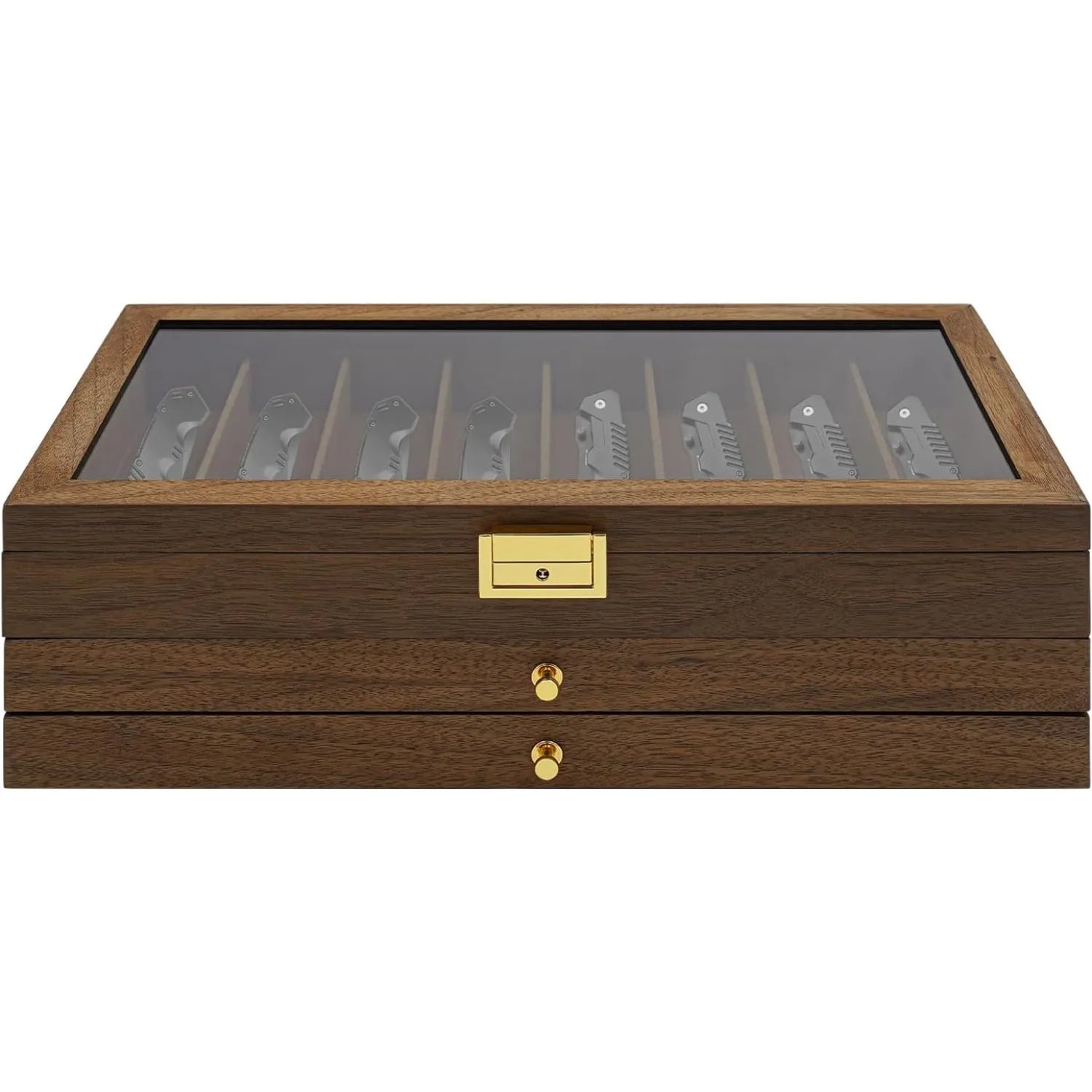3-Layer Pocket Knife Display Case, 22 Slot Lockable Knife Storage Box with Clear Glass Lid, Wooden Collector  Knives - Walnut Color