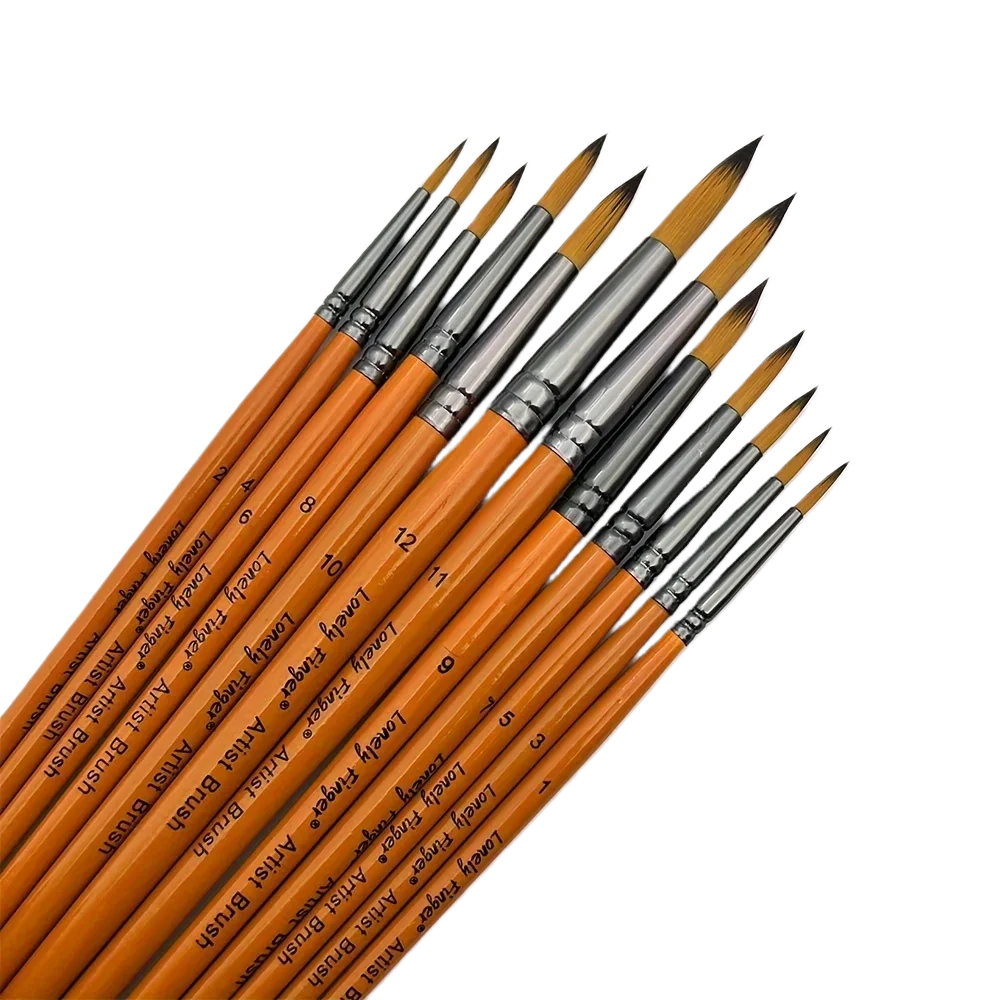 12pcs Premium Artist Synthetic Nylon Paint Brush Set  Round Pointed Tips for Acrylic, Watercolor, Oil & Gouache