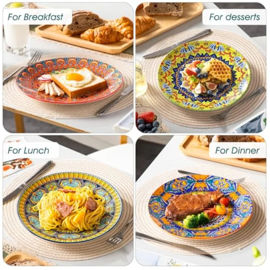 Colorful Dinner Plates Set of 6, 10.5 Inch Ceramic  Bohemian Dishes for Microwave and Dishwasher