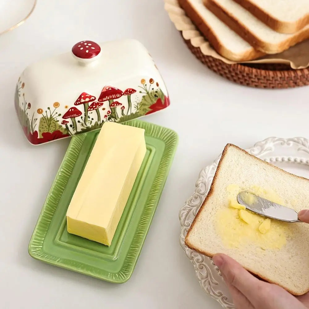 Cottagecore Mushroom Butter Dish with Lid - Vintage French-Style Covered Tray