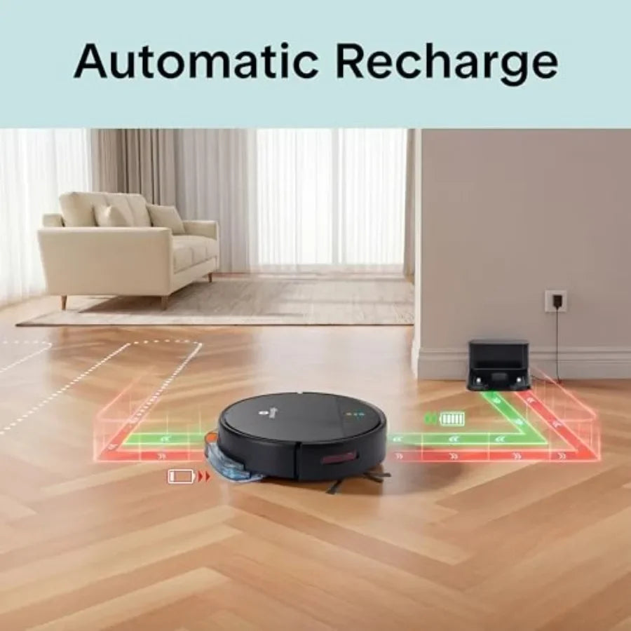Automatic Robot Vacuum Cleaner and Mop Combo for pet hair and all floor types, black ABS plastic, app control with 3 cleaning modes