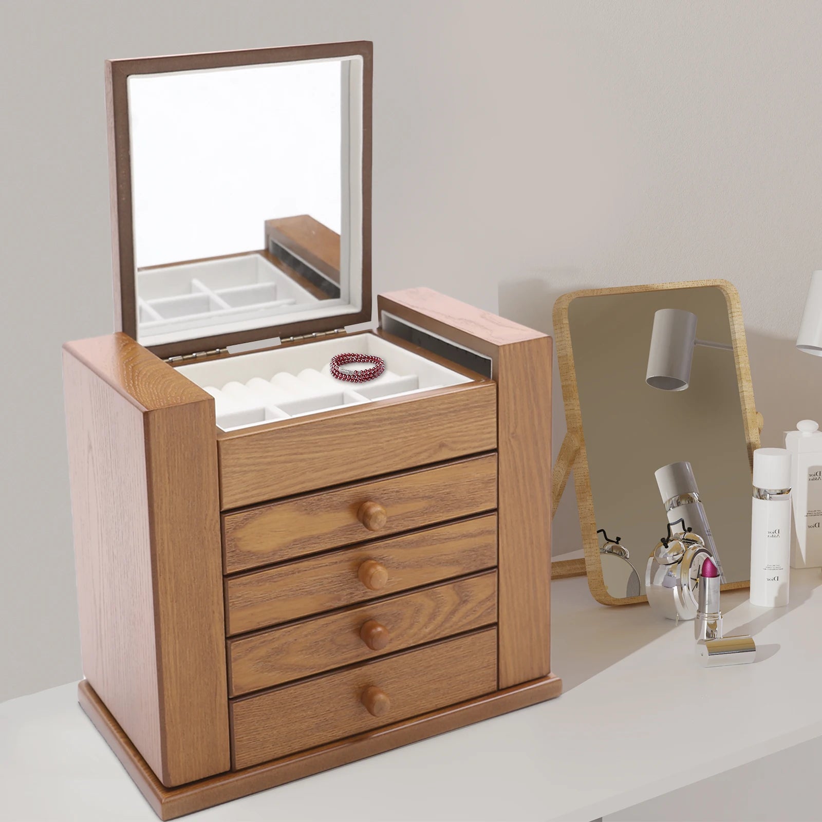 5-tier Wooden Jewelry Box w/ Drawers Mirror Rings, Earrings, Necklaces, Bracelets