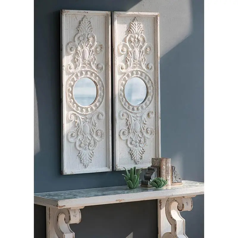 Set of 2 Large Wooden Wall Art Panels with Distressed White Finish & Round Mirror Accents, 17" x 48" Decorative Wall Decor