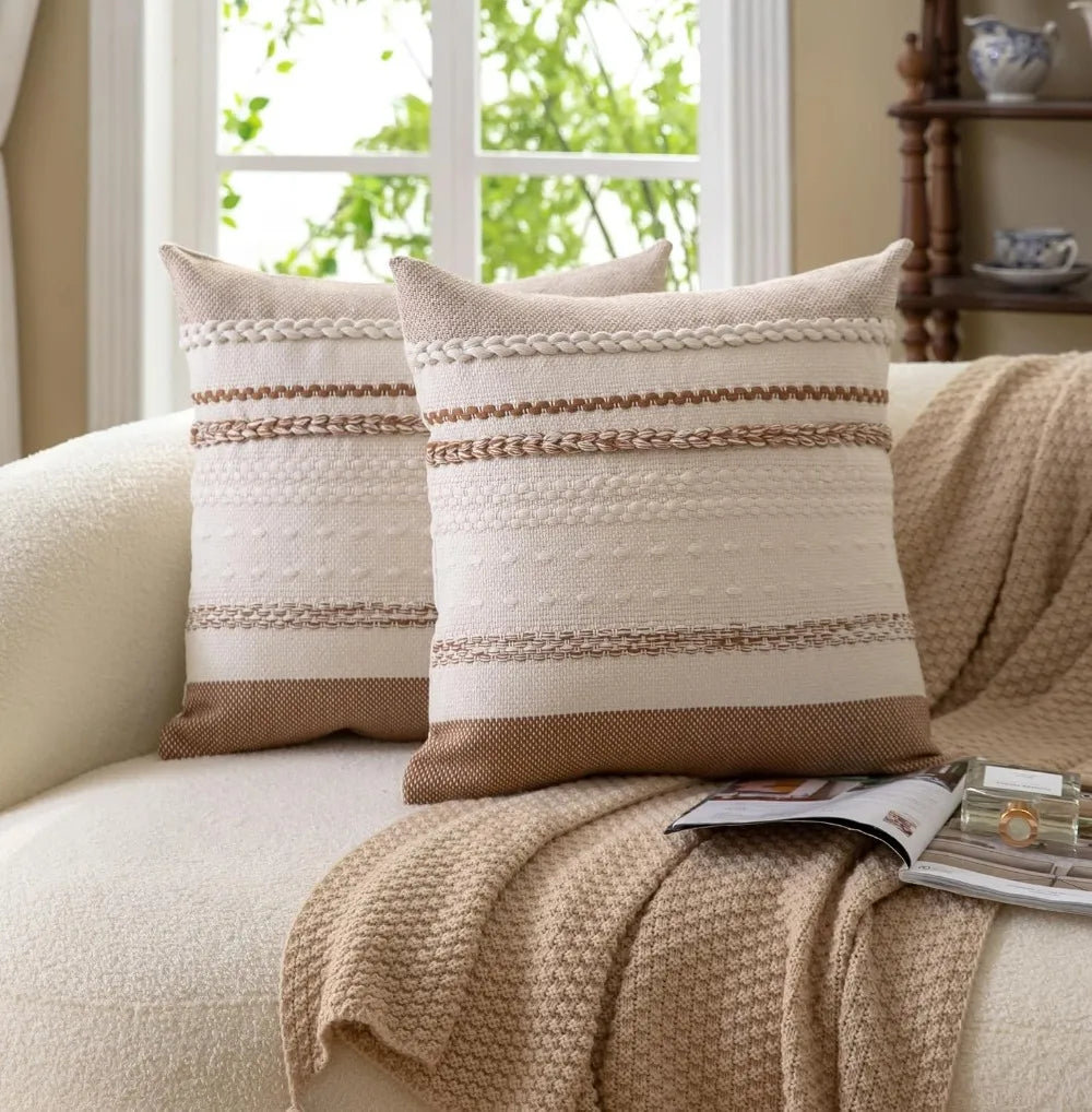 Boho Throw Pillow Covers 18x18 Inch Set of 2, Brown Textured Cover