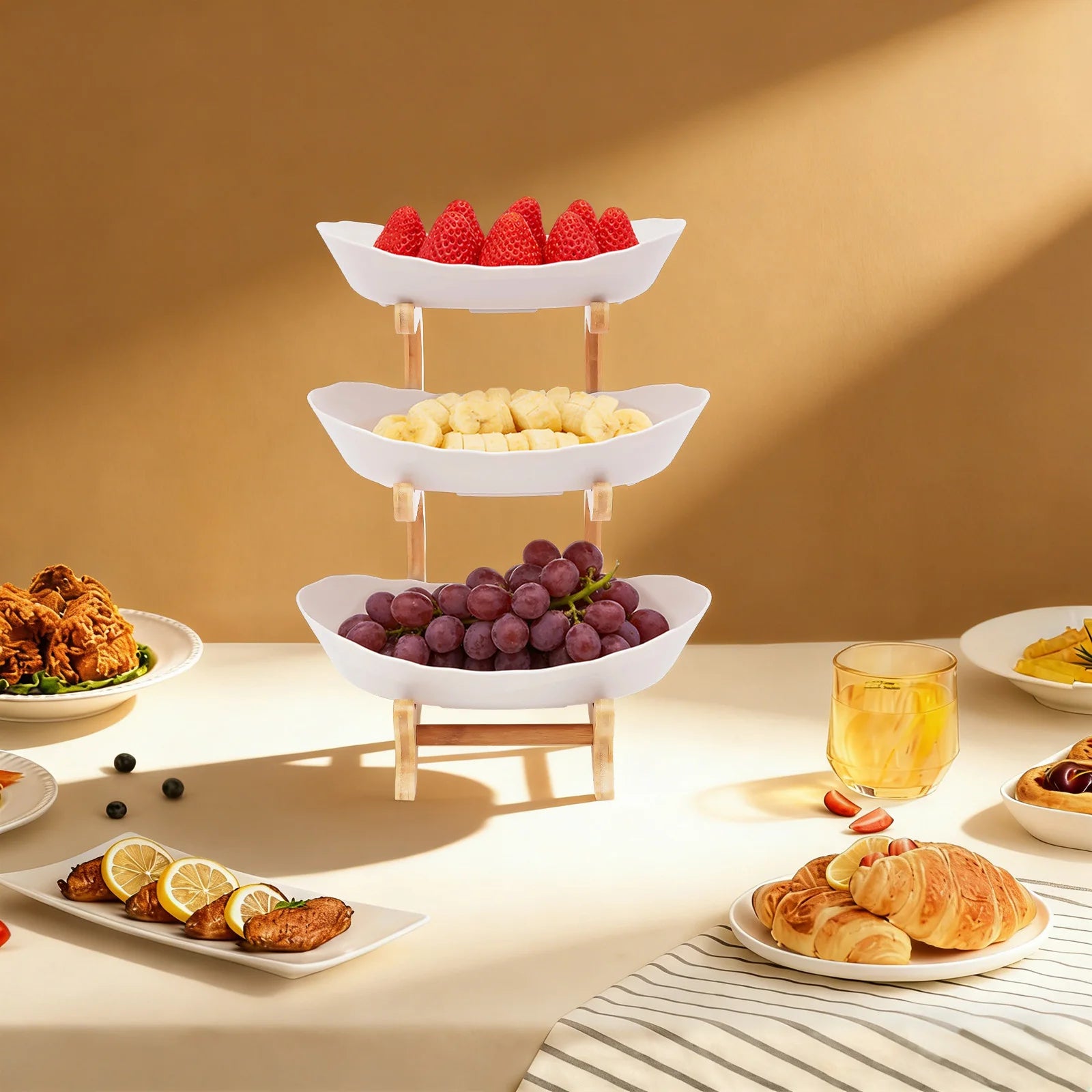 Kitchen Storage Rack Three Tier Fruit Tray Large Detachable Bamboo Stand Space Saving Bowl