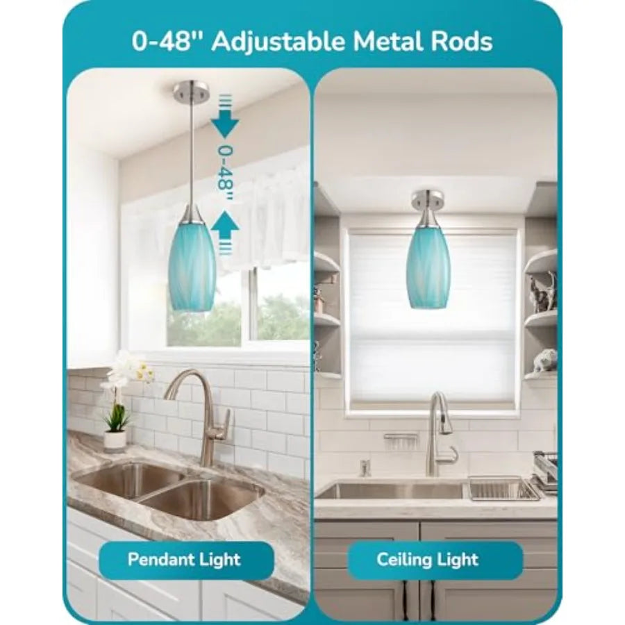 Pendant Lights Kitchen Island, Blue Handcrafted Art Glass, Blown Glass Pendant with 5.12" Dia x 11.40" H Shade,,Adjustable Brus