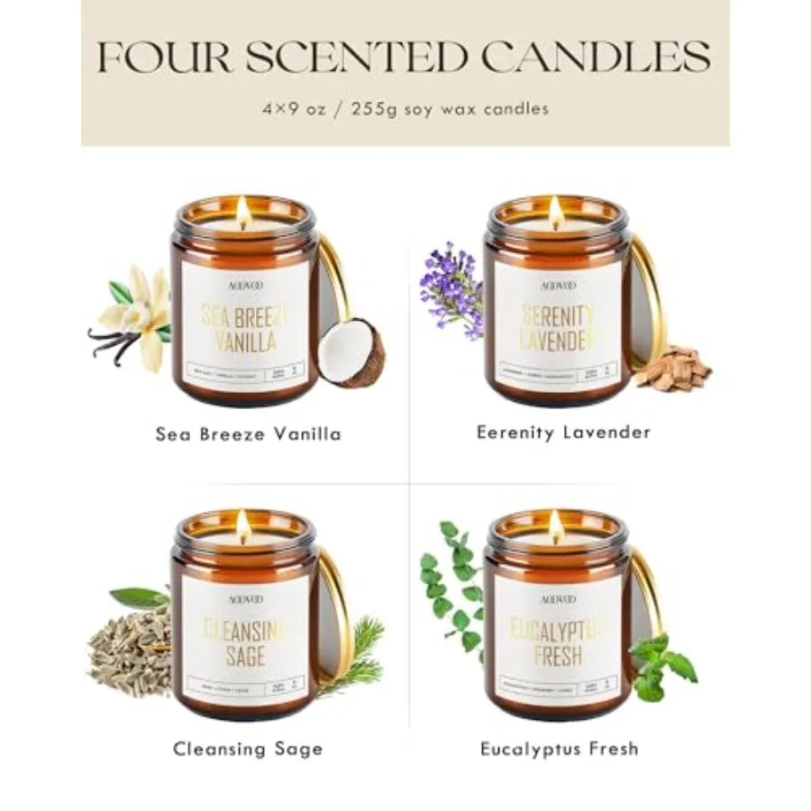 4PC Scented Candle Set, 36 oz Soy Candles Lavender/Vanilla/Eucalyptus/Sage