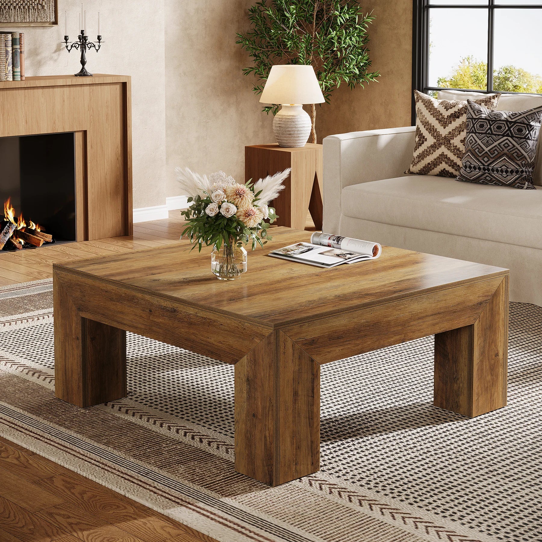39.4-Inch Square Table Farmhouse All MDF Accent Center Cocktail Table with Sturdy Wooden Legs