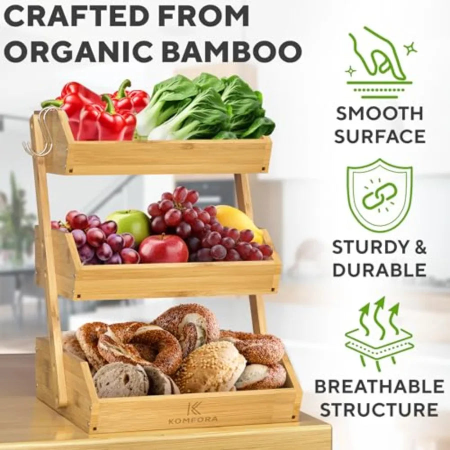 Bamboo Basket 3-Tier  w/ 2 Hangers - Durable and Easy to Assemble