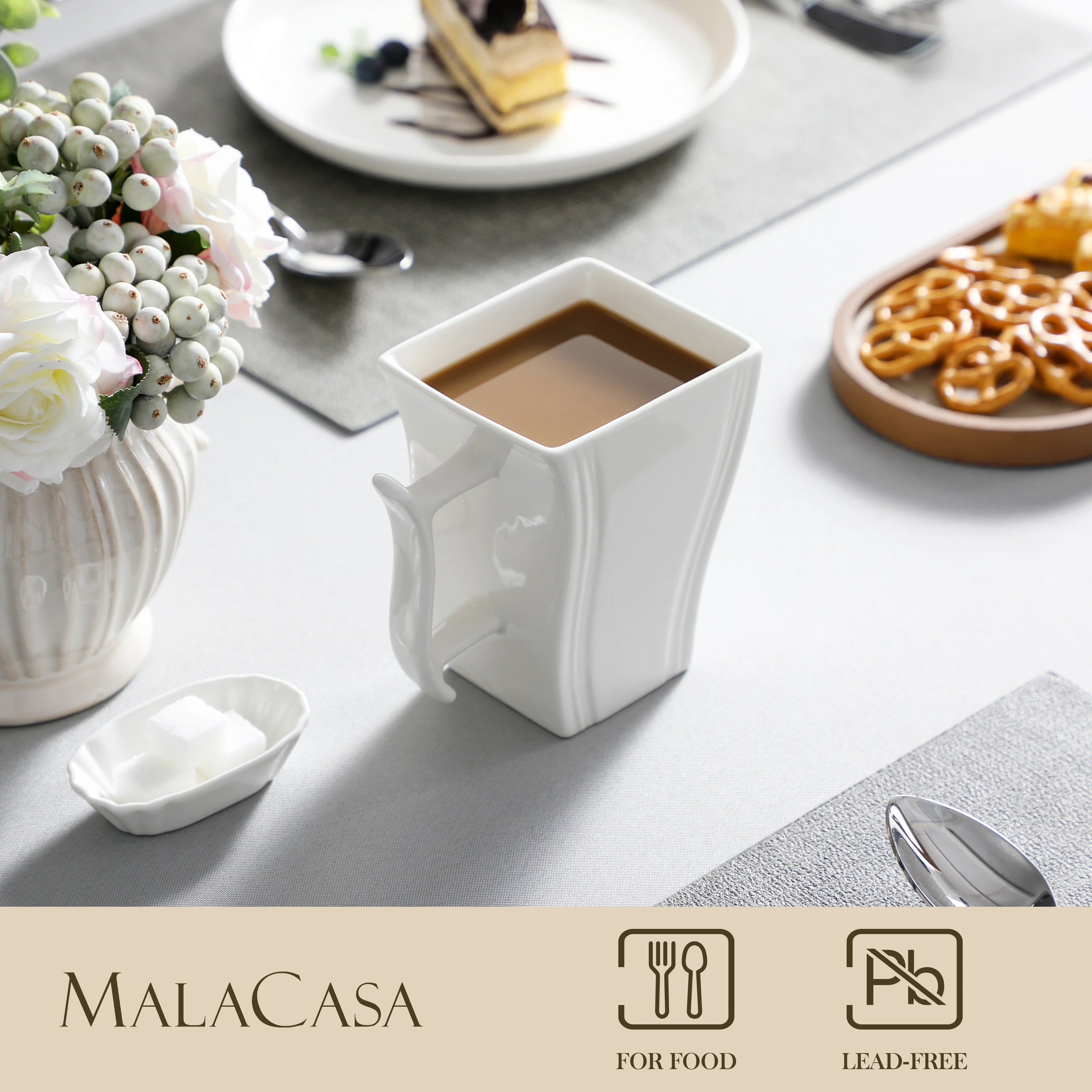 6 Piece White and Marble Coffee Service Set Cream White Porcelain Square Coffee Cups 5.5 Inch 500ML