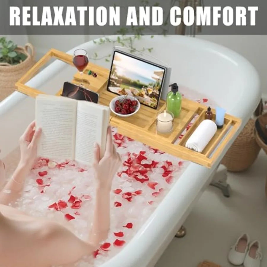 Foldable and Expandable Bamboo Bathtub Caddy Tray for Tub