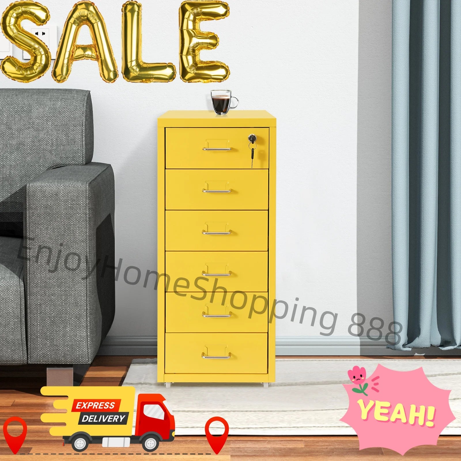 6 Layer File Cabinet Metal Filing Cabinet Yellow Vertical File Cabinet With Lock Wheels Mobile Storage
