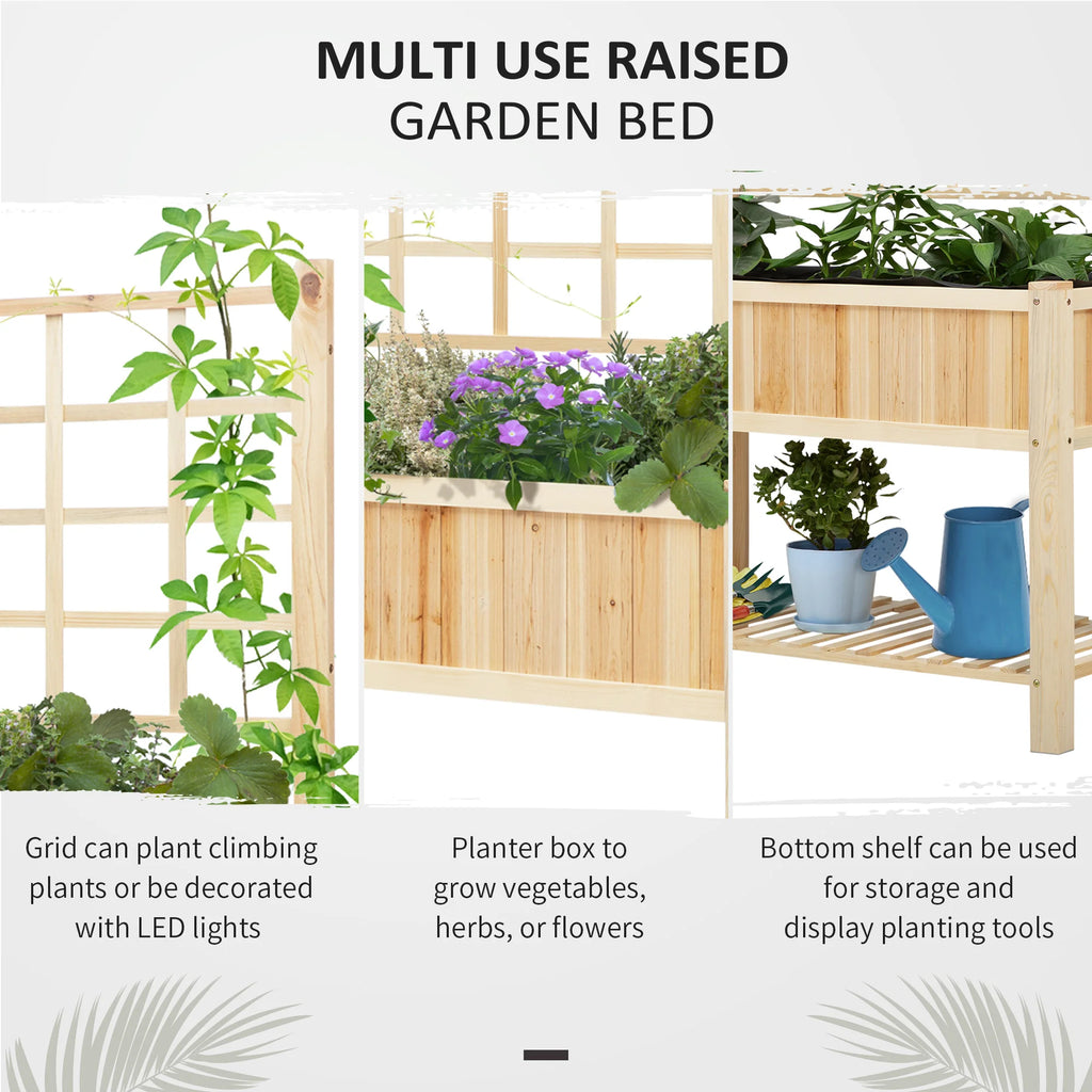 47'' Wooden Raised Garden Bed with Trellis, Countryside Style Elevated Planter Stand with Open Storage Shelf