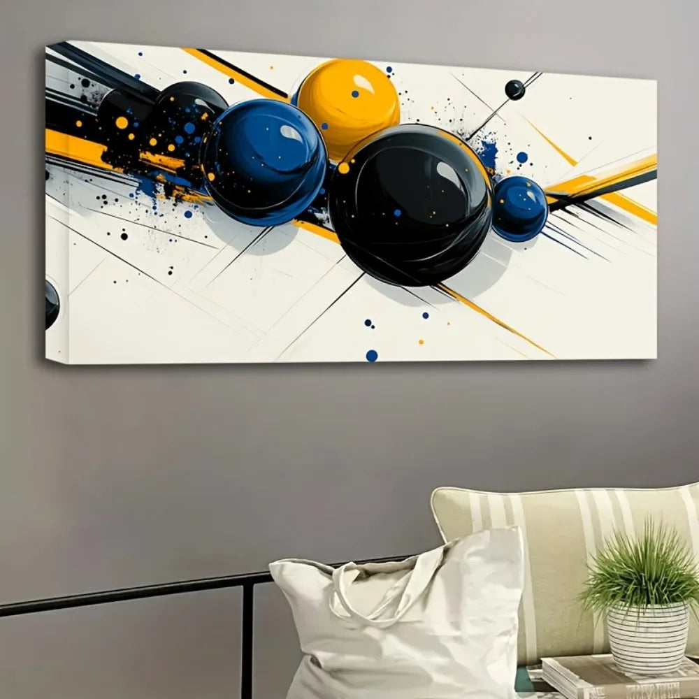 Modern, abstract wall art decoration, blue and yellow spheres  1.5 inch thick pine solid wood frame