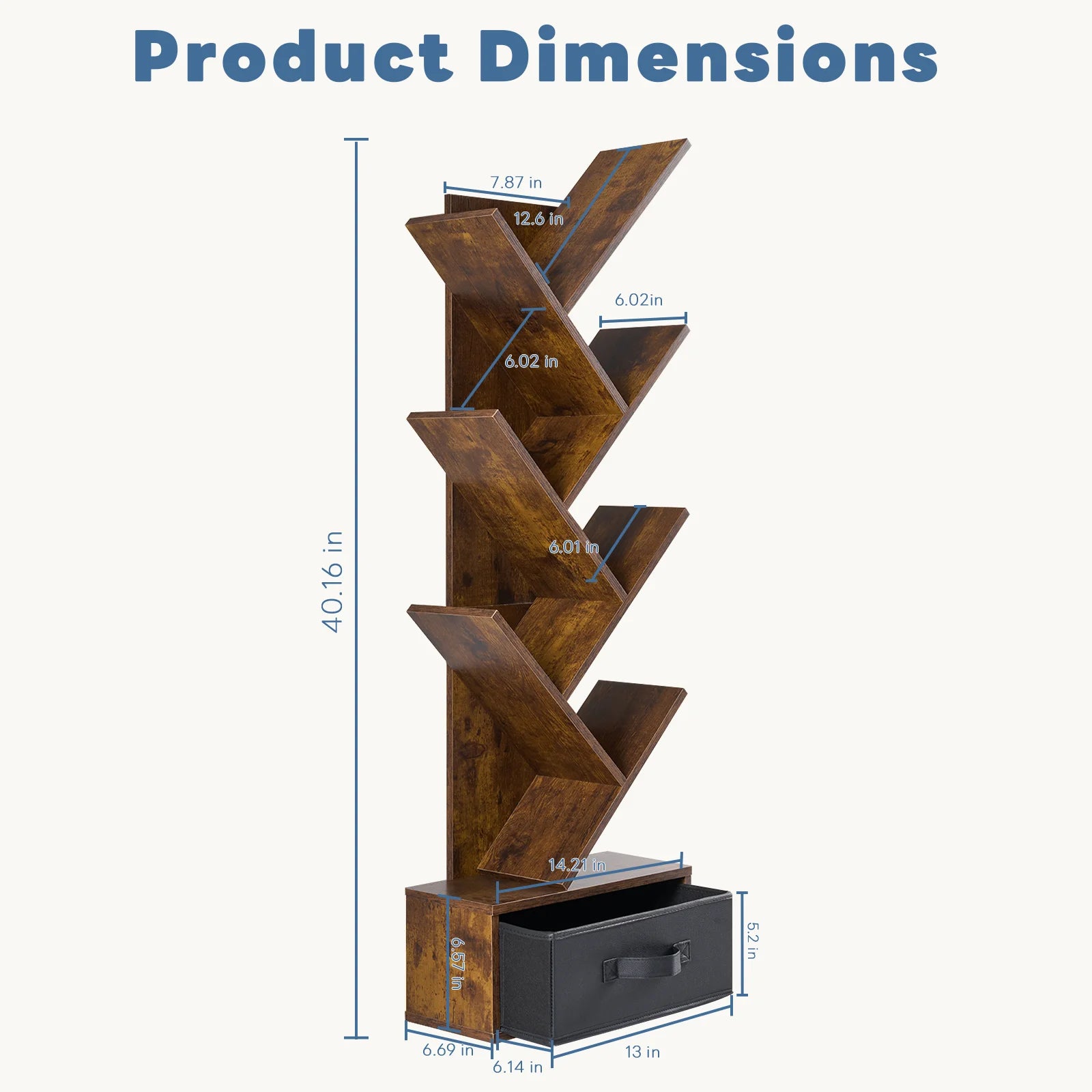 43" Geometric Tree Wooden Book Rack 7-Tier with bottom Drawer Slim Corner
