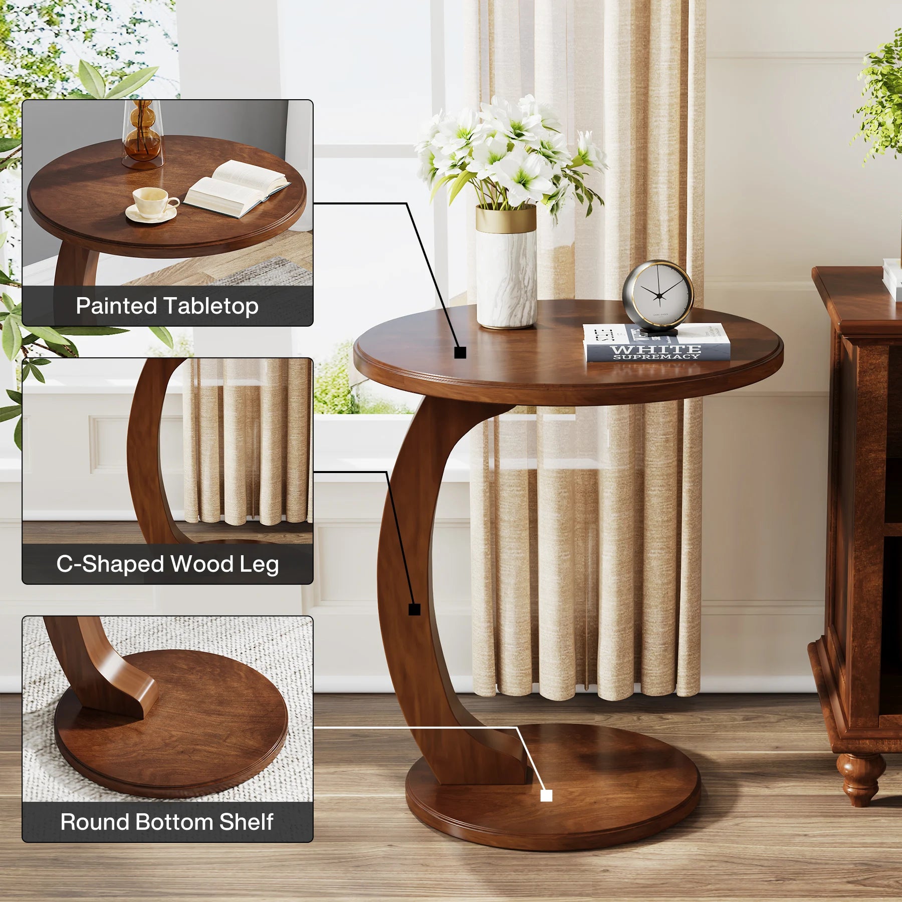 Round End Table, Wood C-Shaped Side Table,rer Mid-Century End Table, Retro Side Table