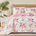 Floral Quilt Set 3 Pieces Queen Size White Pink Flower Soft Microfiber Lightweight Summer Reversible