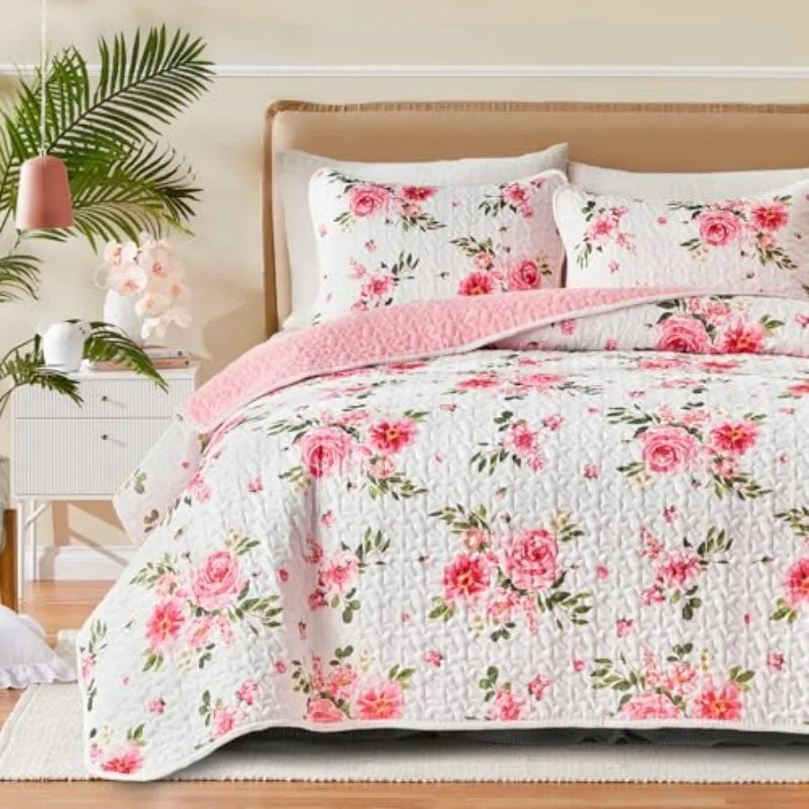 Floral Quilt Set 3 Pieces Queen Size White Pink Flower Soft Microfiber Lightweight Summer Reversible