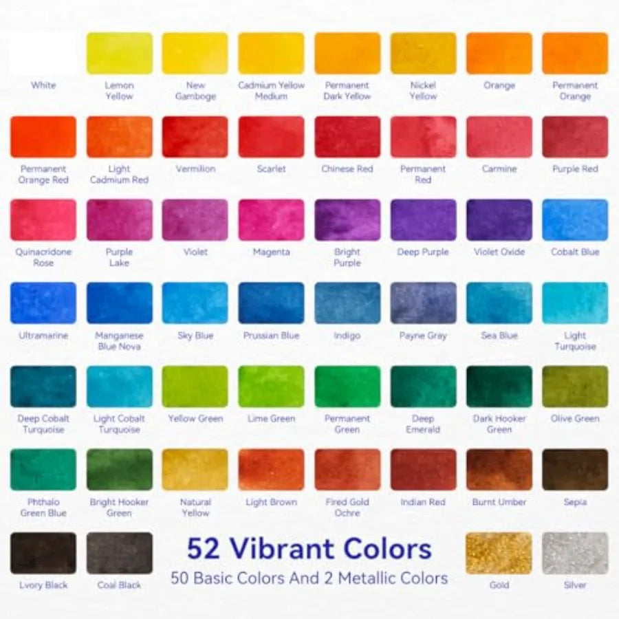 52 Vibrant Colors Watercolor Paint Set for Adults Metallic Shades, Includes Brush, Pencil, Sponge