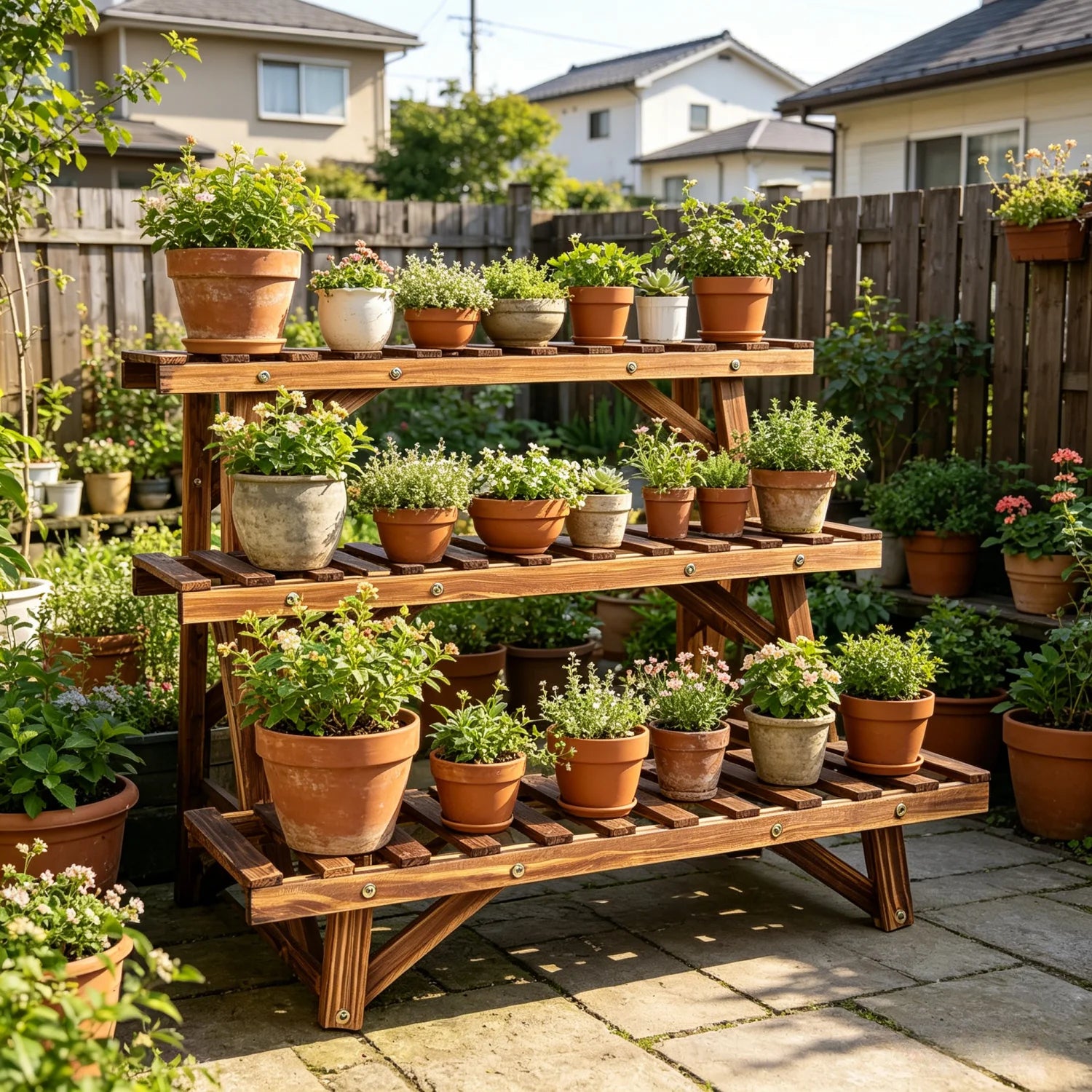 3 Tier Ladder Shelf Wood Plant Stand for Garden Balcony