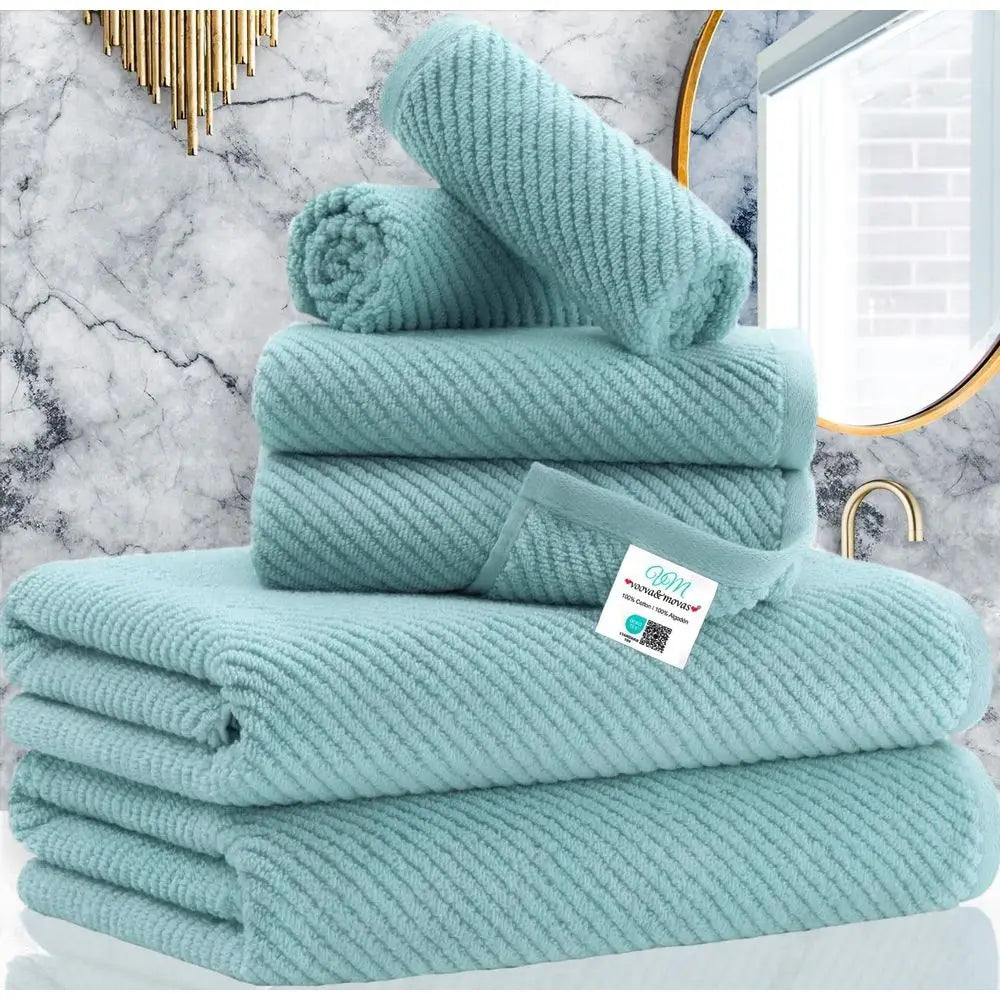 Pure Cotton Luxury Bath Towel Set: 6-Piece with 2 Large, 2 Hand, 2 Washcloths in Aqua Teal