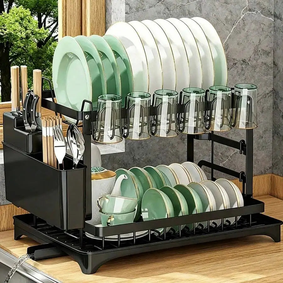 Stainless Steel Rust Proof Metal Dish Drying Rack 2 Tier Large Capacity  Automatic Drainage