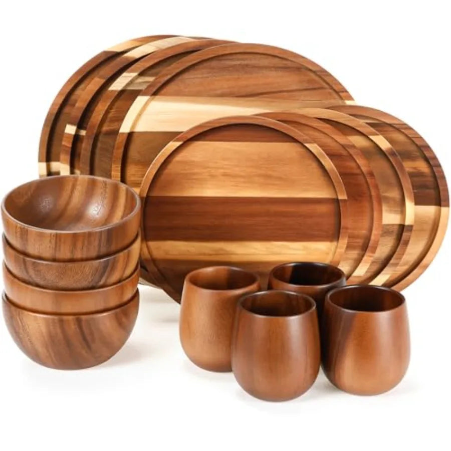 16 Pcs Acacia Wood Dinnerware Set Round Wooden Plates Solid Wooden Bowls and Cups