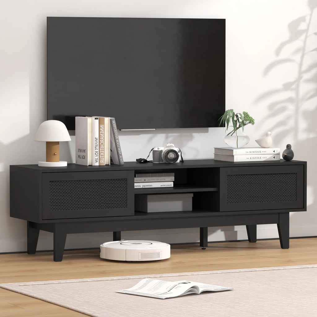 Boho TV Stand for 55 65 Inch TV, Rattan Entertainment Center with Shelves, Cabinets and Sliding Doors, cord holes