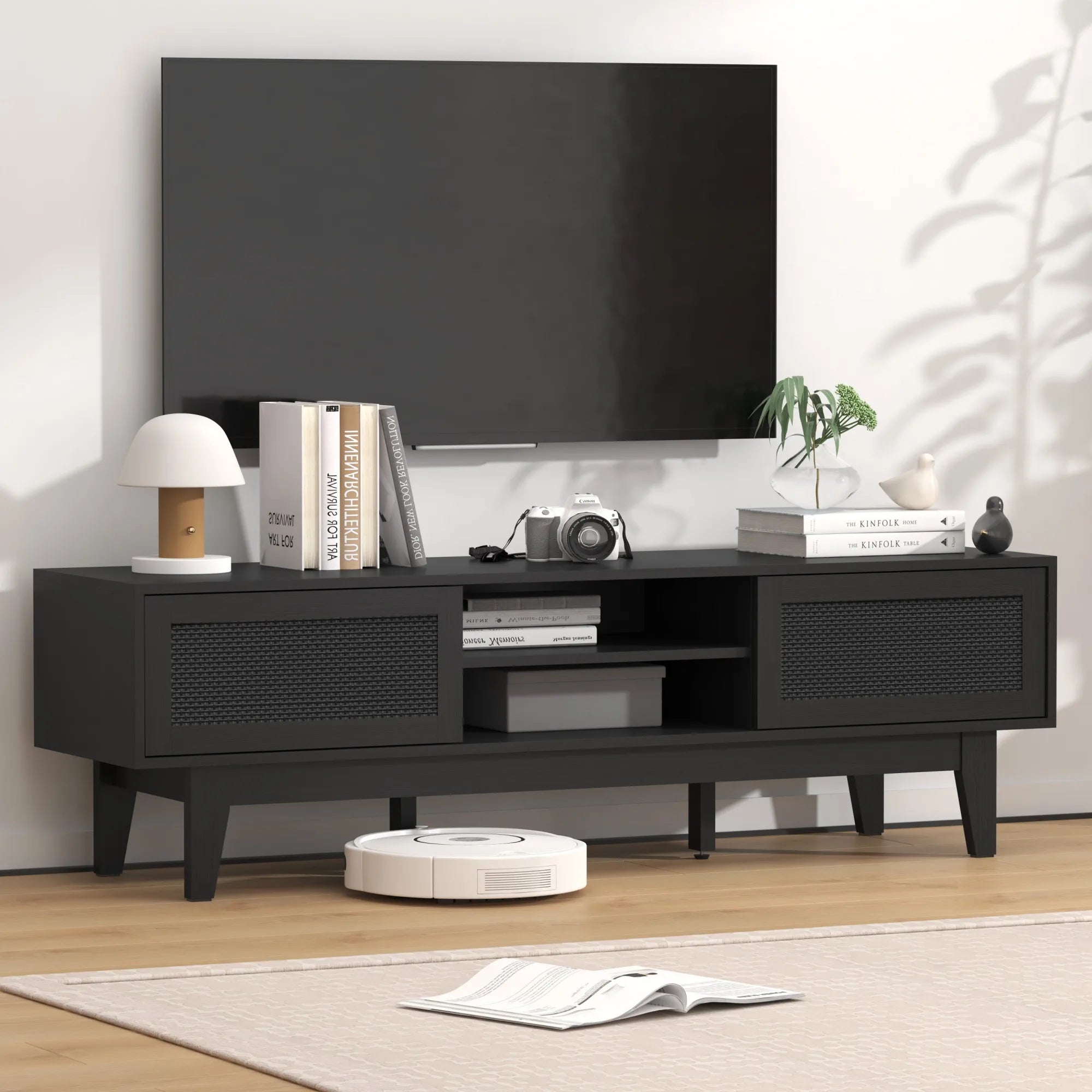 Boho TV Stand for 55 65 Inch TV, Rattan Entertainment Center with Shelves, Cabinets and Sliding Doors, cord holes