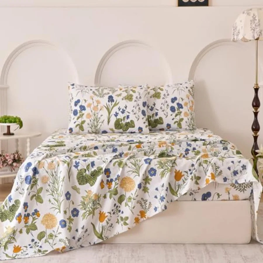 Yellow/blue Floral Bed Sheets Set Size 100% Percale Cotton