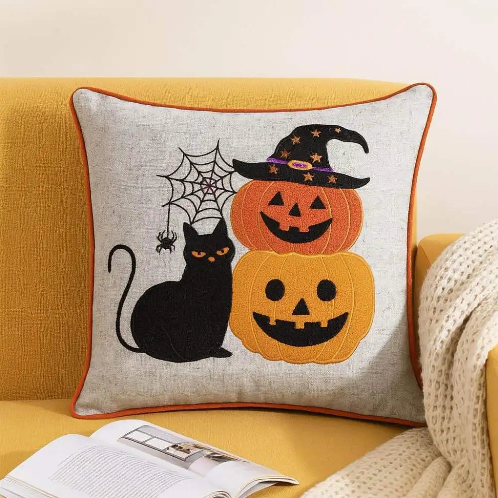 Halloween Black Cat & Pumpkin Stack Throw Pillow