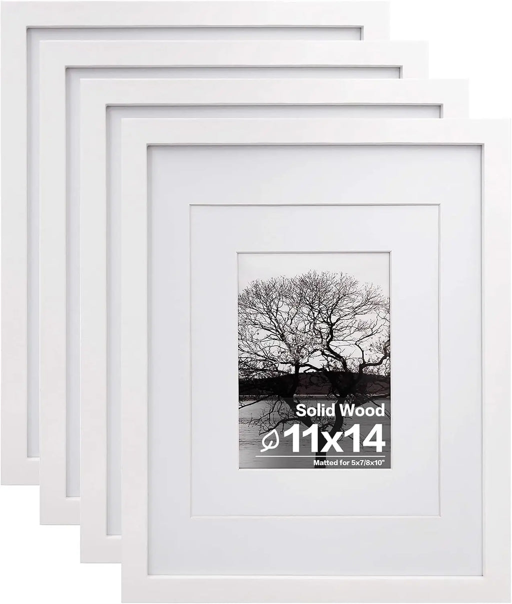 11x14 Picture Frames Set of 4, Solid Wood with Plexiglass, 5x7 and 8x10 with Mat or 11x14 without Mat