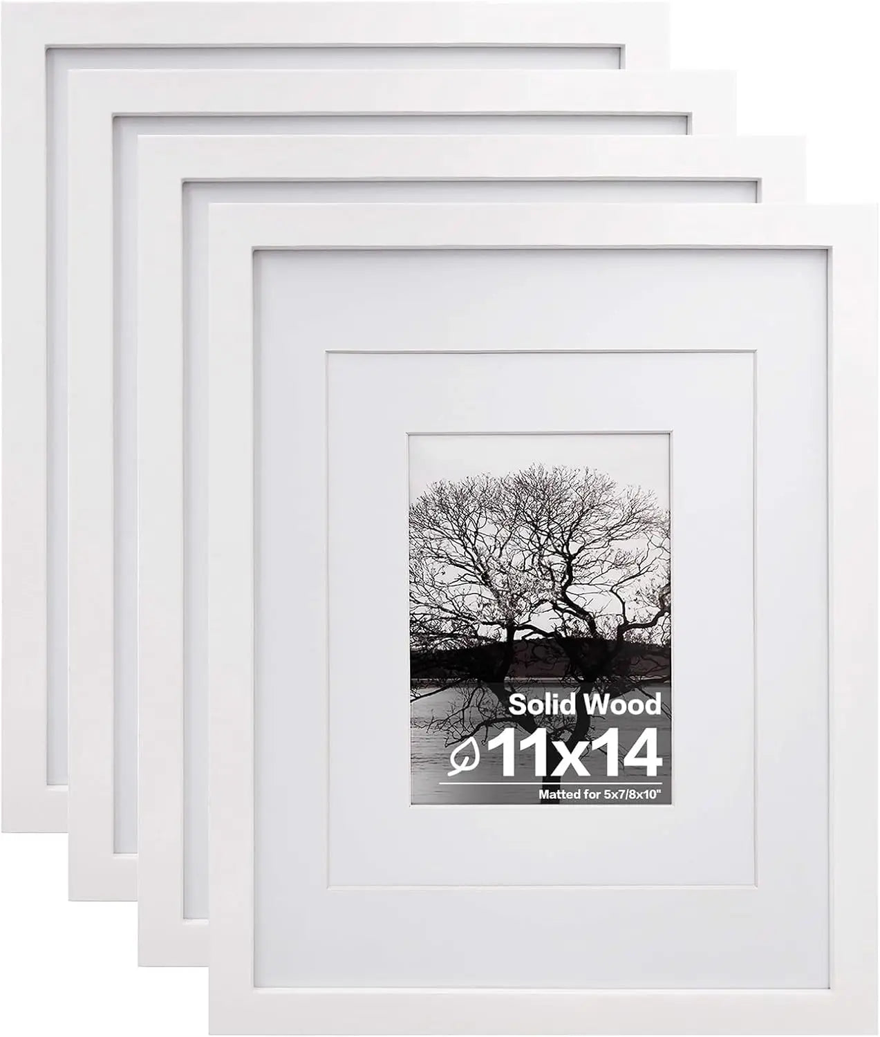 11x14 Picture Frames Set of 4, Solid Wood with Plexiglass, 5x7 and 8x10 with Mat or 11x14 without Mat