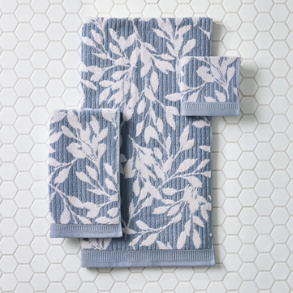 Extra Soft Floral Bath Towel Set Large Quick Dry Bath Sheets Blue Silver and Arctic White Floral Pattern